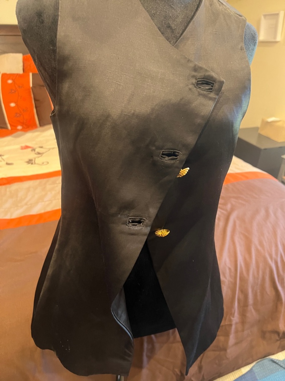 Posse - Sleek Black Linen - Gold Button Front Vest